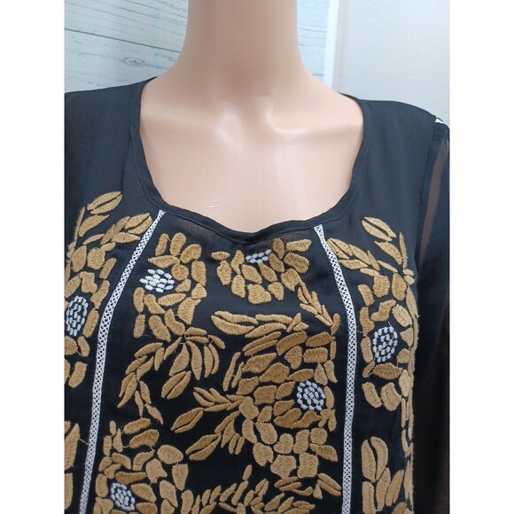 V Cristina Chiffon Tunic Top Sz S Black Gold Semi Sheer - Picture 2 of 5